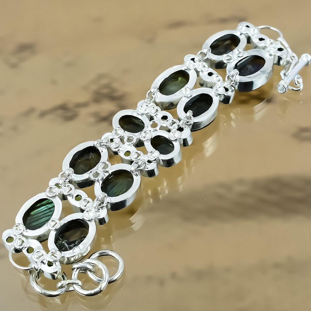 Sterling Silver Oval Labradorite Gemstone Green Amethyst Chain Sister Bracelet
