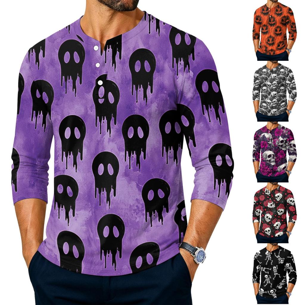 Men's Long Sleeve T-Shirt with Halloween Print for Casual Festival Wear