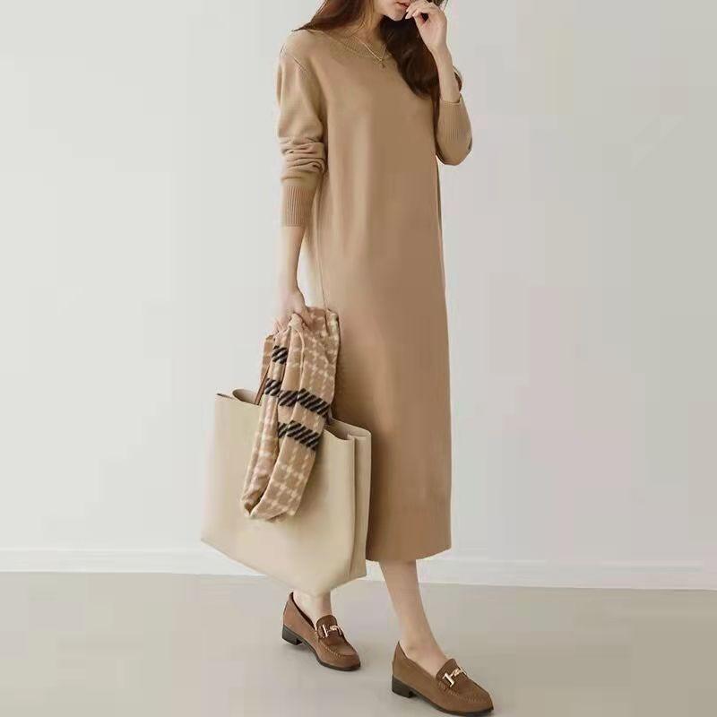 Autumn and Winter New Women's Round Neck Medium and Long Solid Color Knitted Bottoming Sweater Skirt Knee Dress