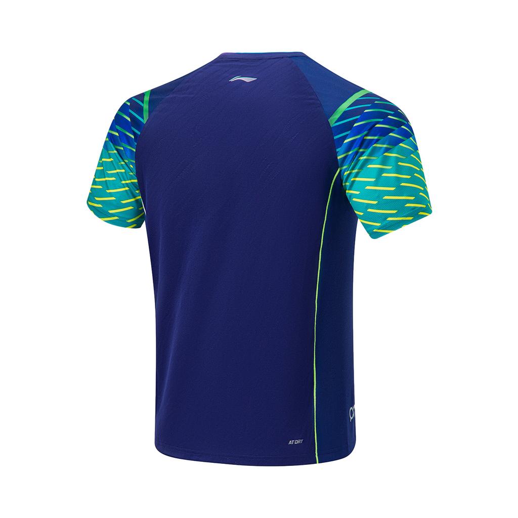 Li-Ning Fluorescent Color Block Breathable Quick-Dry Stretch Round Neck Short Sleeve Raglan T-Shirt Unisex Tops Blue AAYU035-2