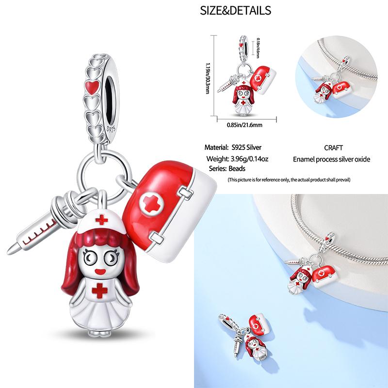 Medical Box Nurse Cap Heart Charms Tooth Stethoscope Beads Fit 3Mm Original Bracelet Women Copper Fine Charms Jewelry Gifts