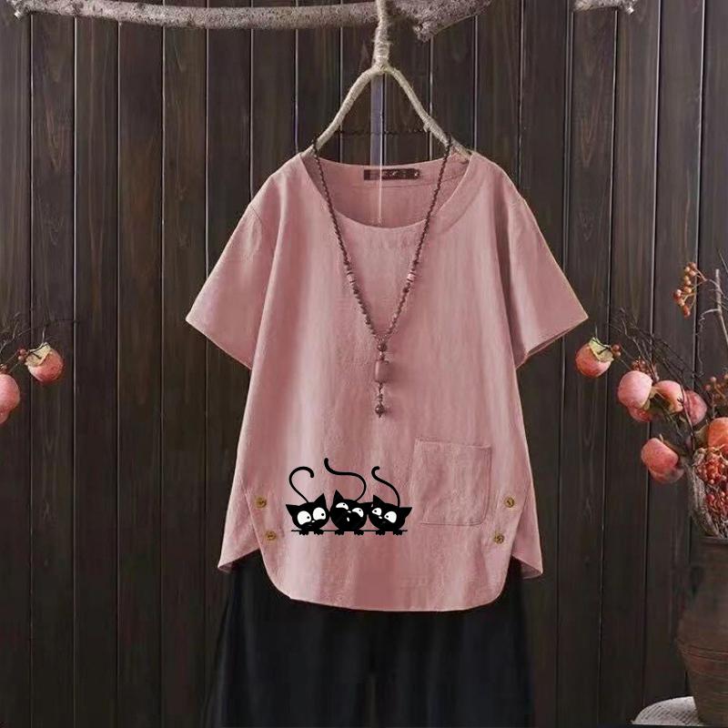 Women's Fashion Black Cat Prined Summer Casual Loose Short Sleeve T-shirt Summer Blouse Tops