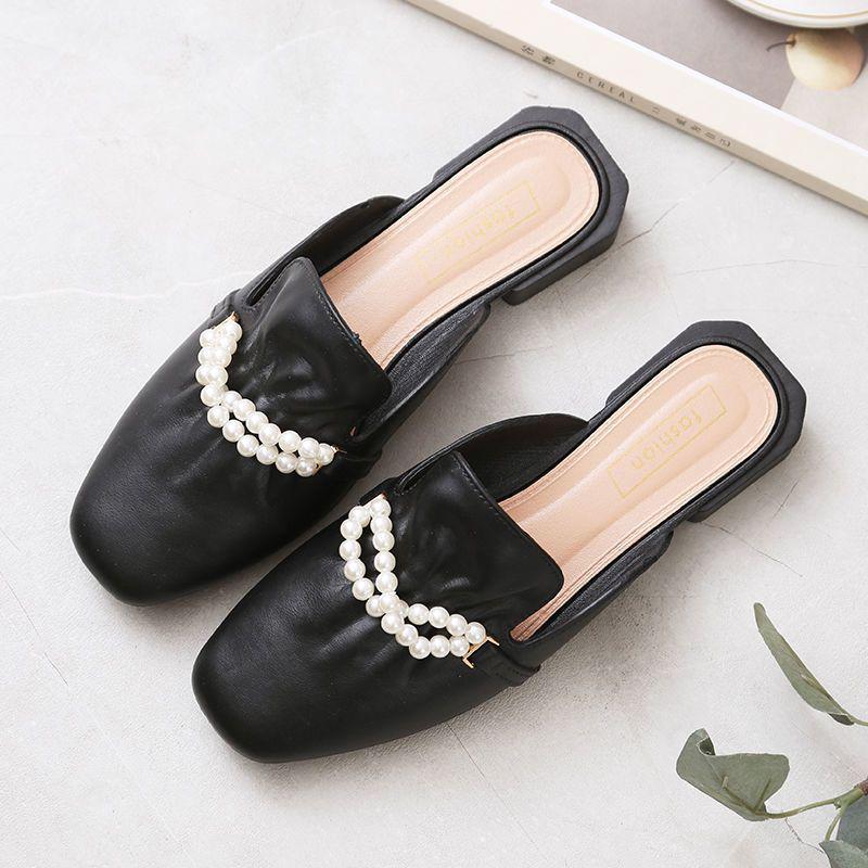 Baotou Pearl Women's Half Slippers - 2025 Spring & Autumn Korean Style Fashionable Net Red Lazy Shoes