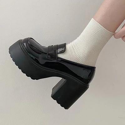 Mocasines de tacón súper alto para mujer, zapatos de tacón con plataforma gruesa de charol para primavera, zapatos de uniforme Jk negros sin cordones para mujer, zapatos Mary Jane