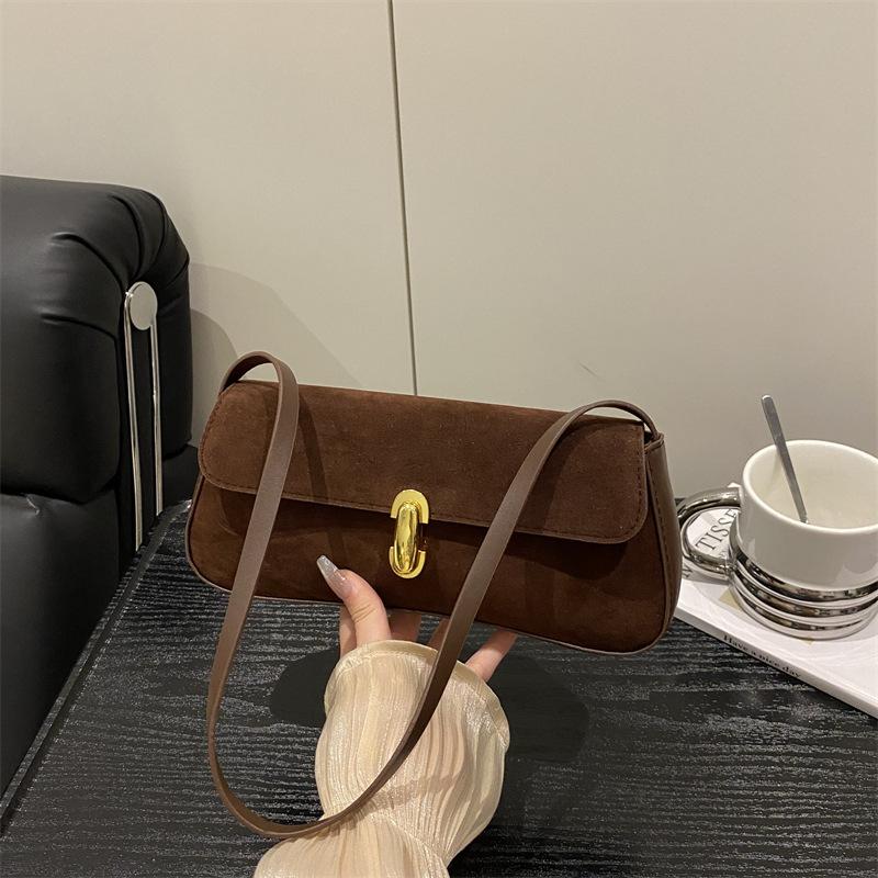 Vintage Faux Suede Box Bags For Women Luxury Designer Handbags And Purses New In PU Lock Decoration Small Underarm Shoulder
