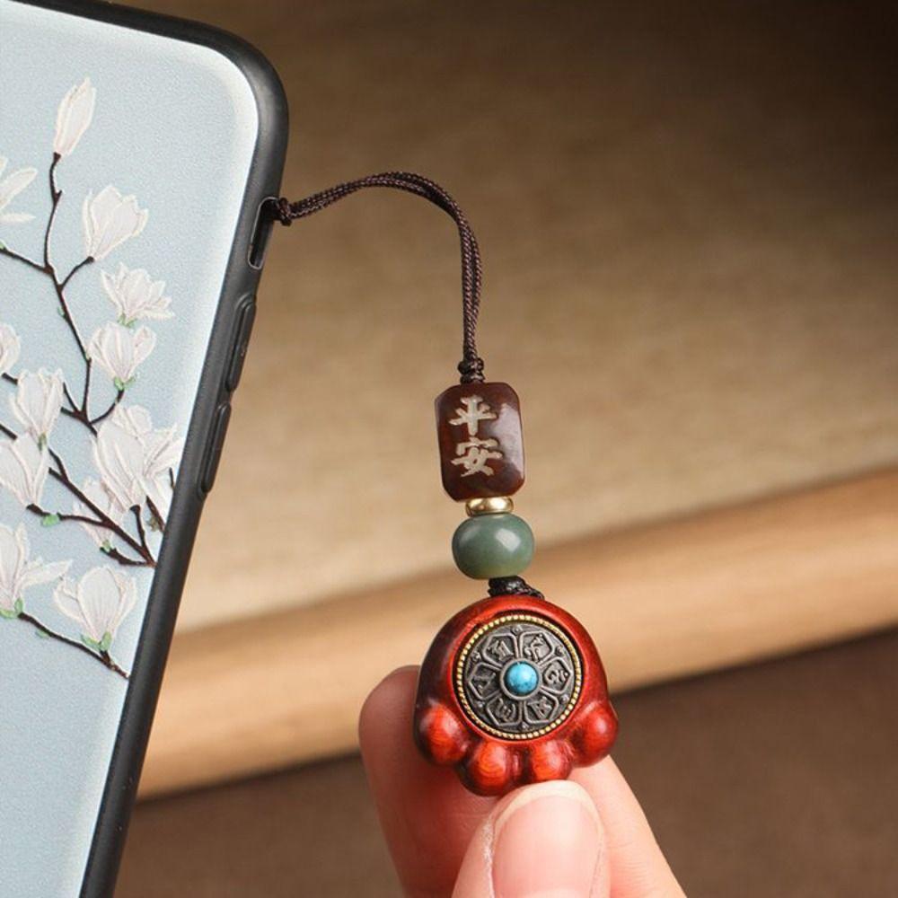 Chinese Style Sandalwood Cat Paw Keychain Pendant Spin Wheel Car Keychain  Women