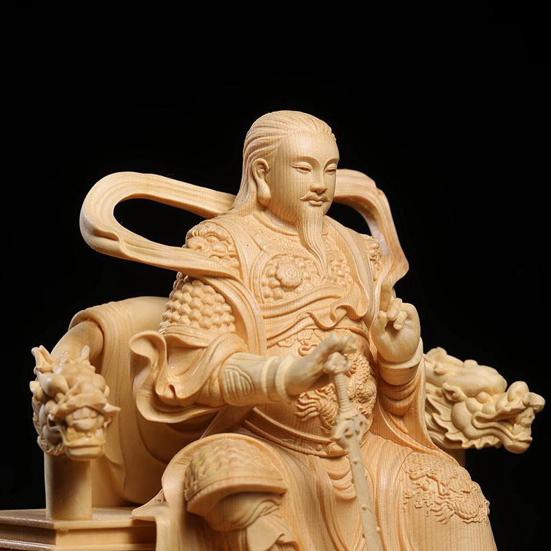 wood carving Zhen wu Emperor Taoism Character Statue Solid wood carving Luxury Home Living Room Wealth Luck Feng Shui Decor