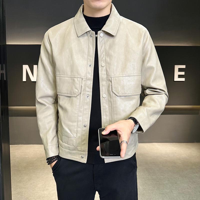 Chaqueta de Cuero con Solapa Ajustada para Hombre Otoño Invierno 2025 - Ropa Exterior Casual