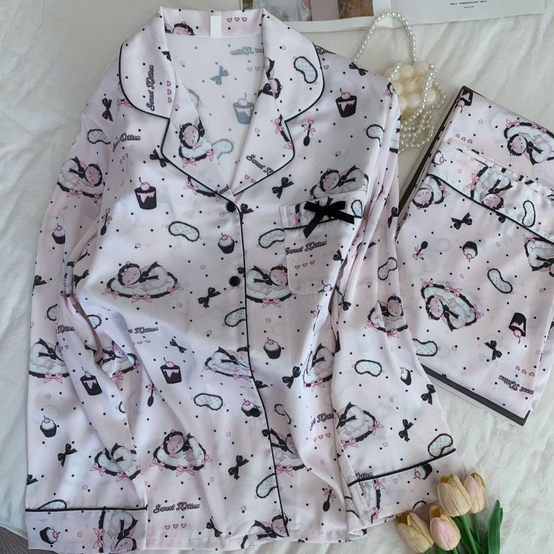 Goodnight Sleepy Cat: Women's Autumn/Winter Ice Silk Pajamas - Cartoon Kitten Print, Long Sleeve & Pants Set