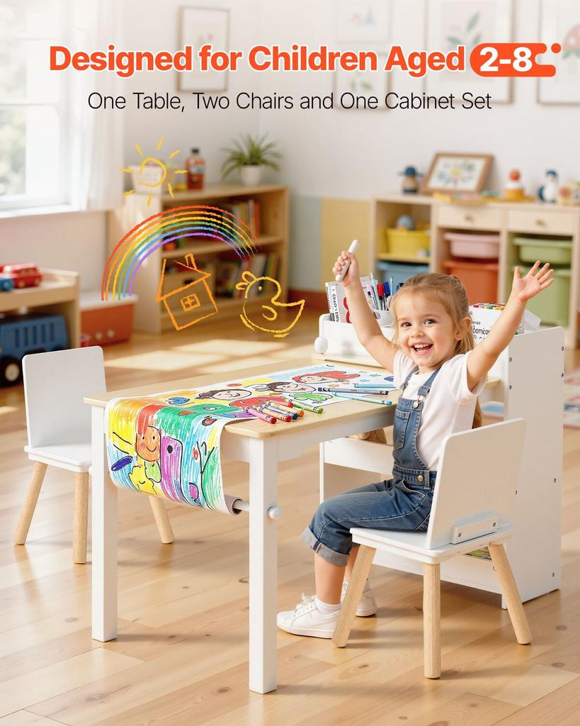 Kids Art Table and Chair Set, Toddler Craft Table with 3 Tiers Storage Cabinet, Wooden Kids Activity Play Desk with 2 Chairs, Art Craft Play Desk for