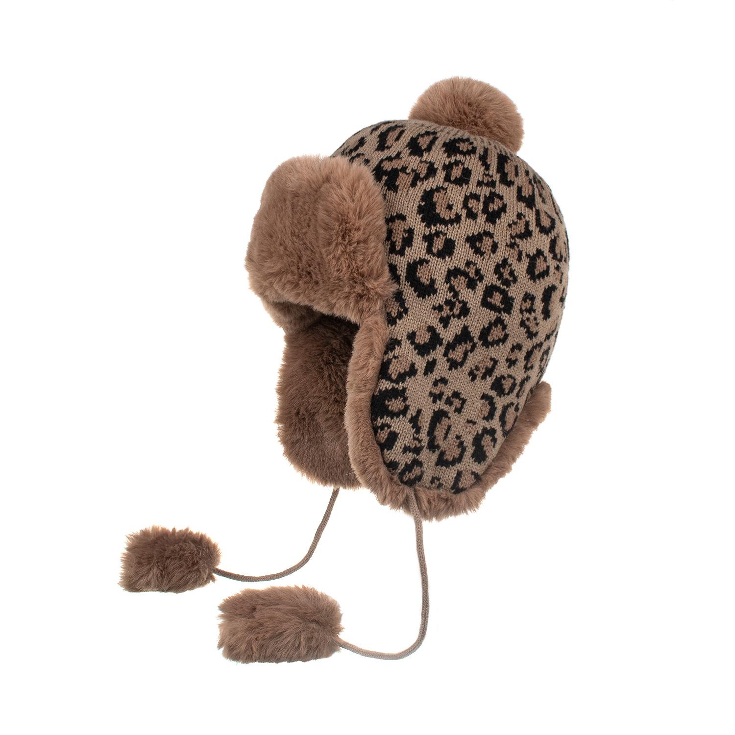 

Зимняя шапка женская шерстяная шапка вязаная шапка Lei Feng, шапка для защиты ушей женская зимняя осенне-зимняя утолщенная шерсть для ушей леопардовый принт темно-коричневого