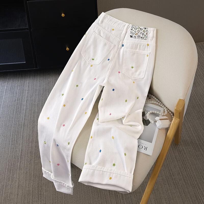 She Pool Women's Floral Embroidered High-Waisted Straight Leg Jeans