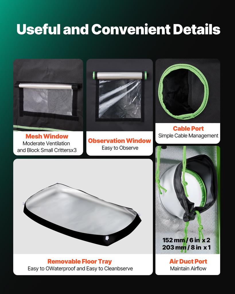 VEVOR Indoor Grow Tent, 120 x 60 x 180 cm, 600D High Reflective Mylar, Indoor Plant Tent with Observation Window, Floor Tray & Zipper