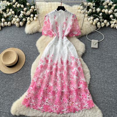 Summer Fashionable Short Sleeve Slimming Water Soluble Lace Dress Vintage Stand Collar Ruffles Splice Lace Mid-Length Dress