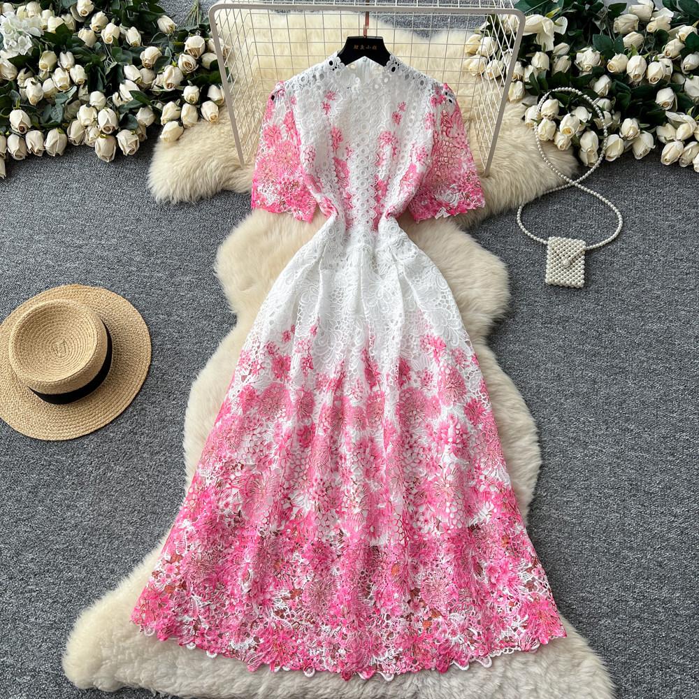 Summer Fashionable Short Sleeve Slimming Water Soluble Lace Dress Vintage Stand Collar Ruffles Splice Lace Mid-Length Dress
