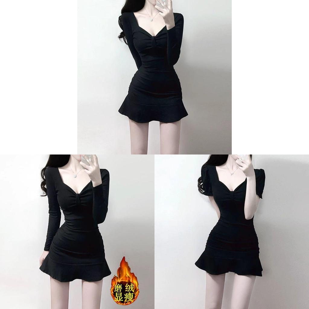 Black Knit Fabric Short Sleeve Mermaid Skirt With Ruffles For Summer Casual Wear
