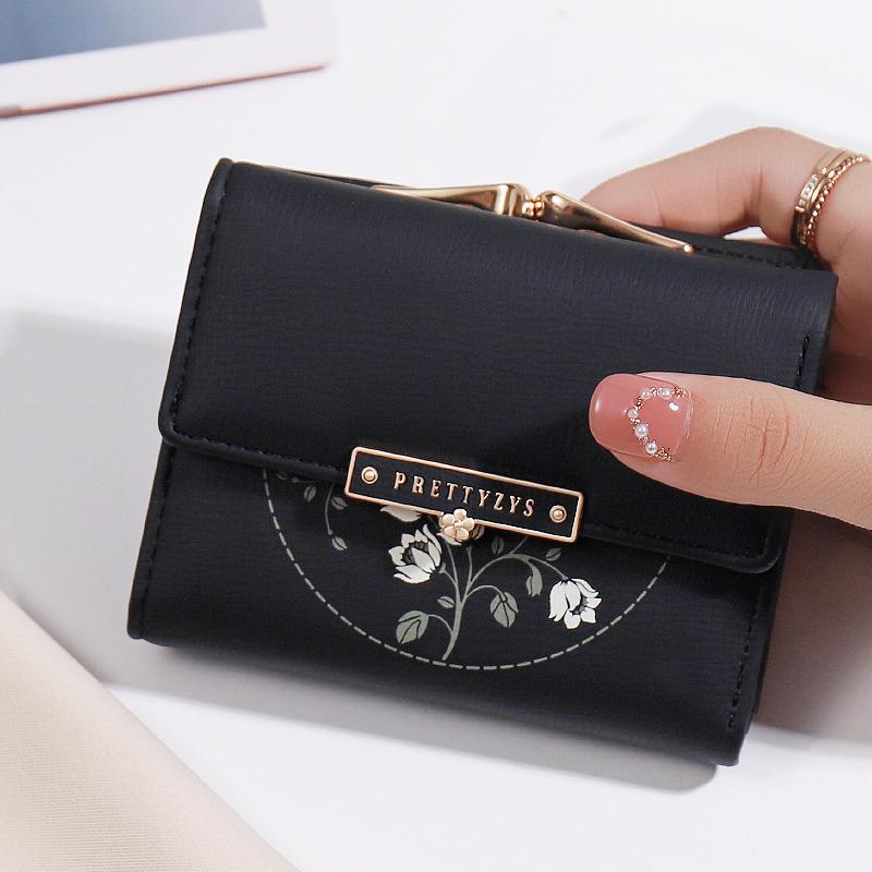 Purse women's summer new Korean PU printed buckle 3 fold bag simple all-in-one short women's money clip multi-card folding flap