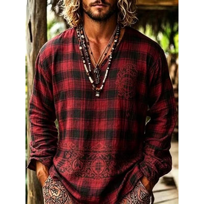 Nuovo beachwear da uomo taglia grande in stile bohémien, T-shirt a maniche lunghe con scollo a V. Adatto per il campeggio, la pesca e varie attività all'aperto.