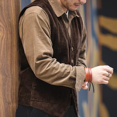 Men Waistcoat V-Neck Sleeveless Single Breasted Vest Coat with Multi-pocket Design Solid Color Corduroy Waistcoat