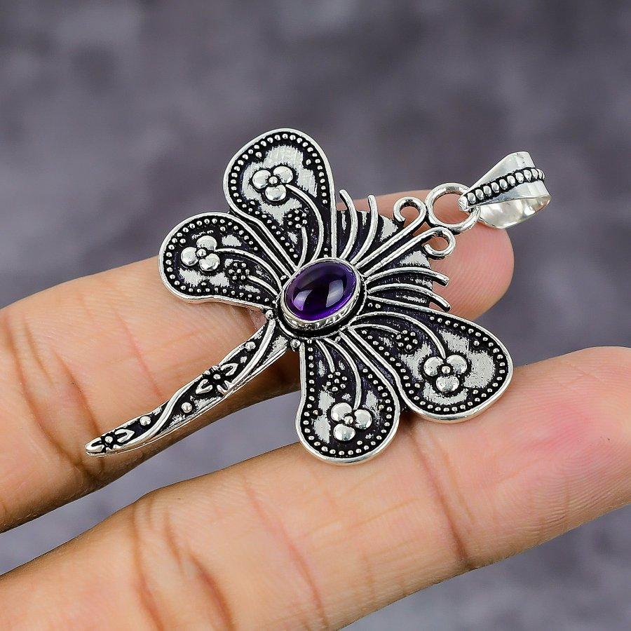 Natural Amethyst Gemstone Handmade 925 Sterling Silver Pendant 2.21" I6K91
