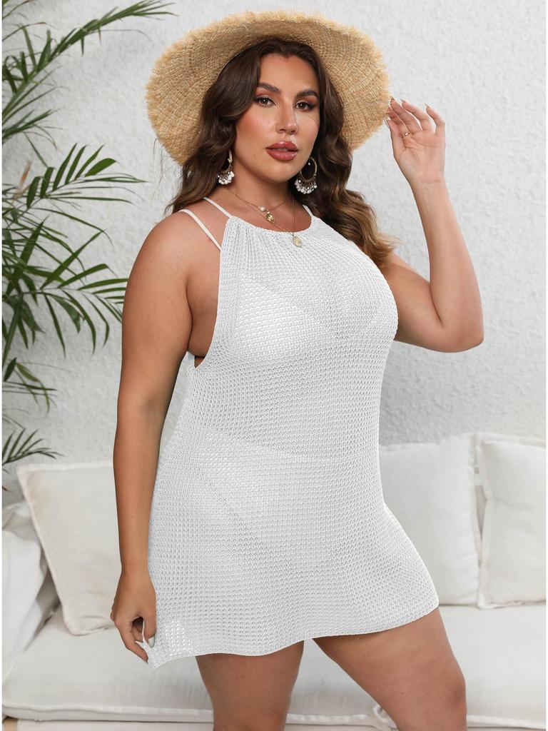 Plus Size Women's Knitted Tie-Up Backless Beach Cover-Up Dress F865