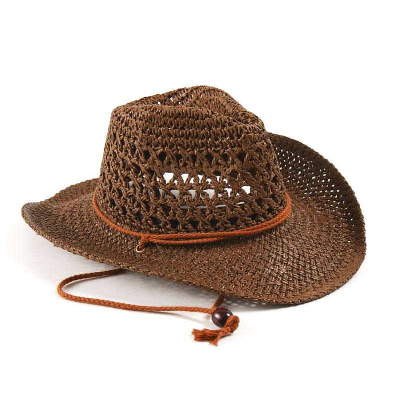 Hand Woven Panama Straw Cowboy Hat Bohemian Beach Sun Hat UV Protection Windproof Cowboy Straw Hat