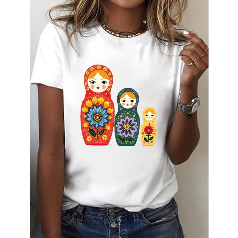 Women's Green Russian Nesting Dolls & Flowers Print T-Shirt Casual Crew Neck Short Sleeve Summer Top