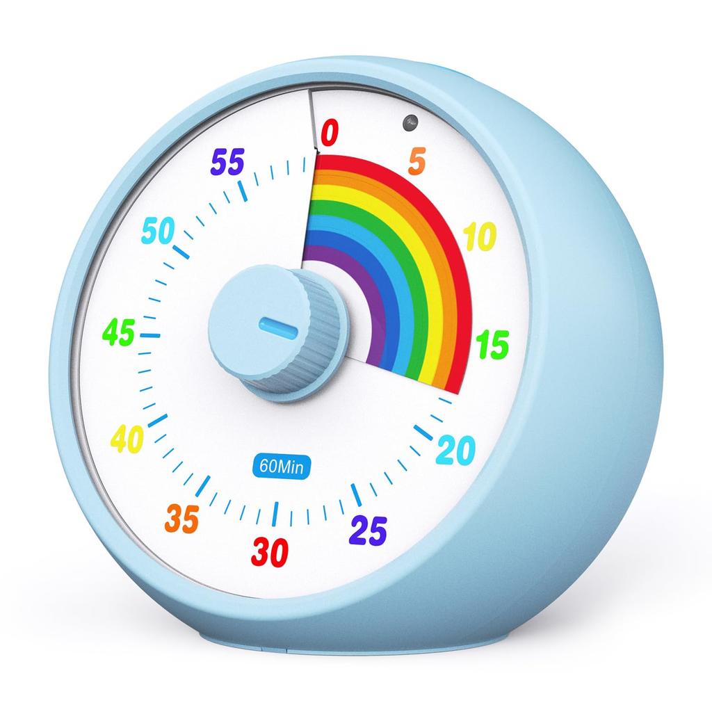 60-Minute Visual Timer for Kids, Countdown Timer for Classroom & Kitchen, Desk Timer for Study, Rainbow Print Kids Time Manager Tool (Blue)