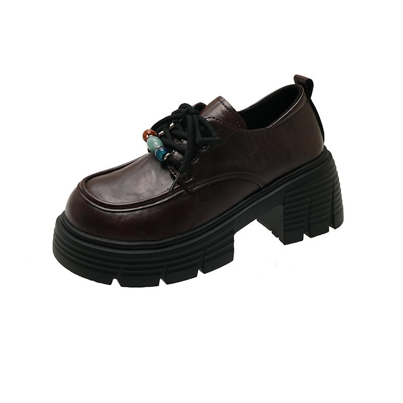 Fashion Retro round-toe beaded small leather shoes 2025 new style versatile British style thick-soled, thick-heeled, lace-up loafers
