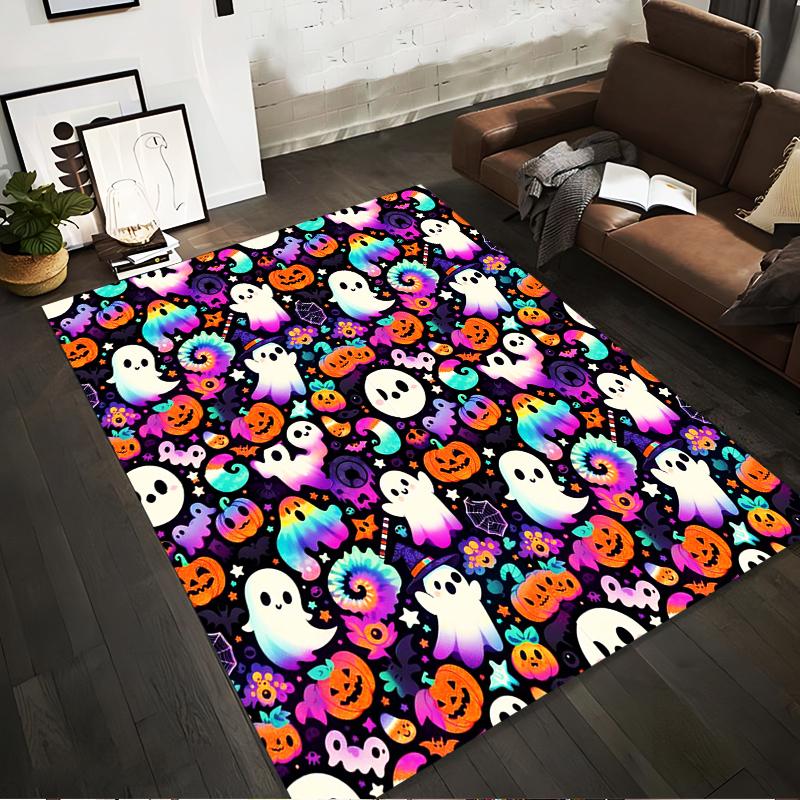 Colorful Halloween Ghosts and Pumpkins Rug Non-slip Rug Suitable for Living Room and Bedroom Sofas.