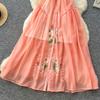 Elegant Short-Sleeve Floral Embroidered Dress for Women Vintage Turn Down Collar Belt Slim A-line Long Maxi Dress