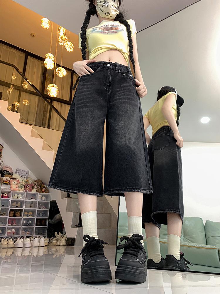 Retro High Waist Wide Leg Cropped Denim Shorts for Women - Summer Plus Size Slimming Loose Fit