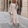 Women's new skirt printed round neck long-sleeved ruffle edge dress