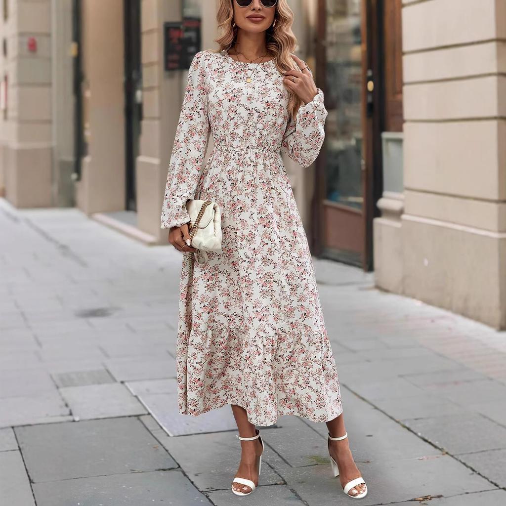 Women's new skirt printed round neck long-sleeved ruffle edge dress