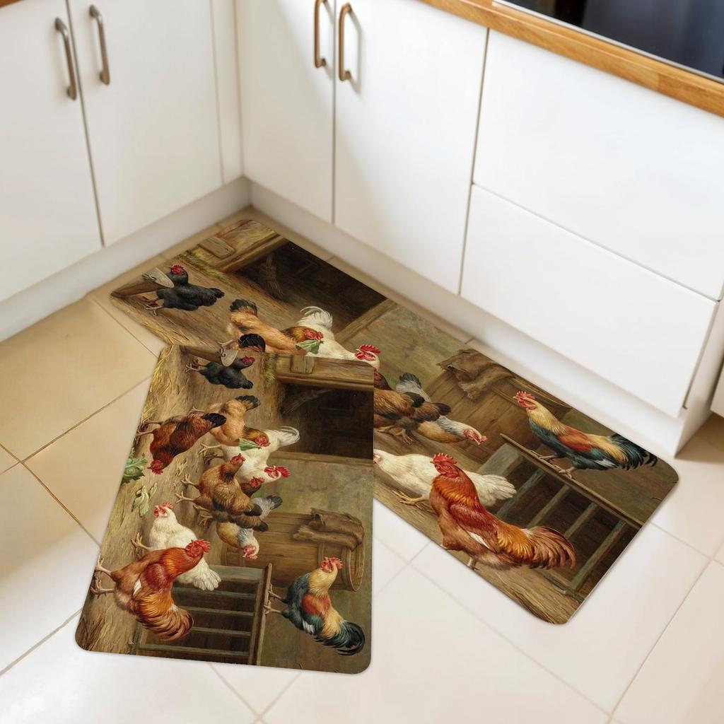1Pcs Rooster  Pattern Floor Mat Modern Kitchen Polyester Rug Non-Slip Colorful Indoor Carpet, For Home Bathroom Bedroom Living Room Decor