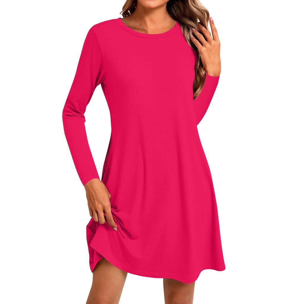 Women's Fashion Casual Color Round Neck Long Sleeve Short Side Pocket Dress