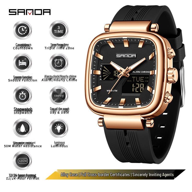 SANDA Men s Multifunctional Waterproof Stopwatch Countdown Watch