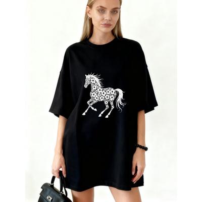 Oversize'owa Sukienka T-shirt Czarny Koń Kwiatowy Nadruk Graficzny T-shirt Do Noszenia na Co Dzień