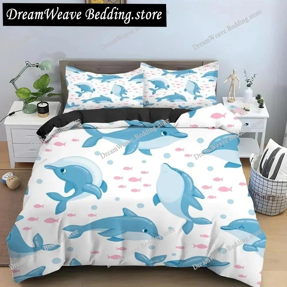 Bule Dolphin Whale King Queen Duvet Cover Underwater World Bedding Set Cartoon Sea Animal Comforter Cover Polyester Quilt Cover