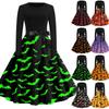 Halloween Print Flare Dress For Women Long Sleeve Dress Hollow Party Casual Round Neck Dresses