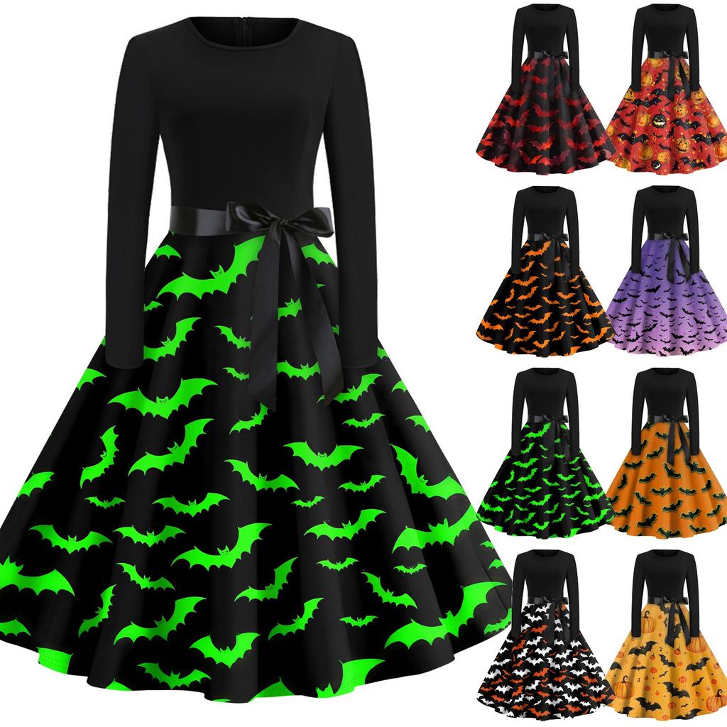 Halloween Print Flare Dress For Women Long Sleeve Dress Hollow Party Casual Round Neck Dresses