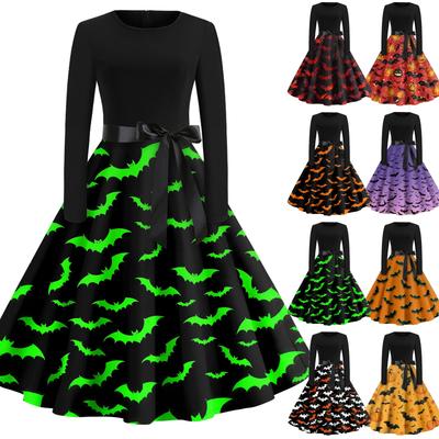 Halloween Print Flare Dress For Women Long Sleeve Dress Hollow Party Casual Round Neck Dresses