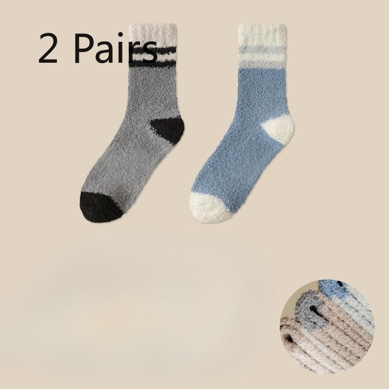2 Pairs Coral Fleece Socks for Men, Mid-calf  for Autumn and Winter, Fleece and Thickened Floor Socks, Color-blocking Warm Home Sleeping Long Socks