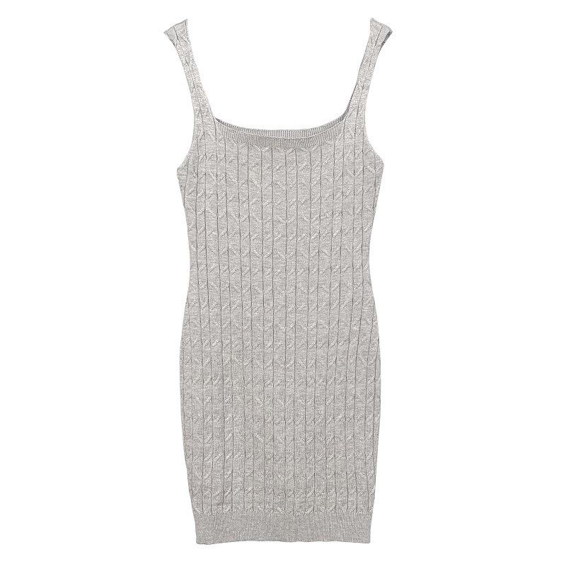 Korean Square Neck Spaghetti Strap Knit Dress - Waist-Cinched, Tight-Fitting, Hip-Hugging