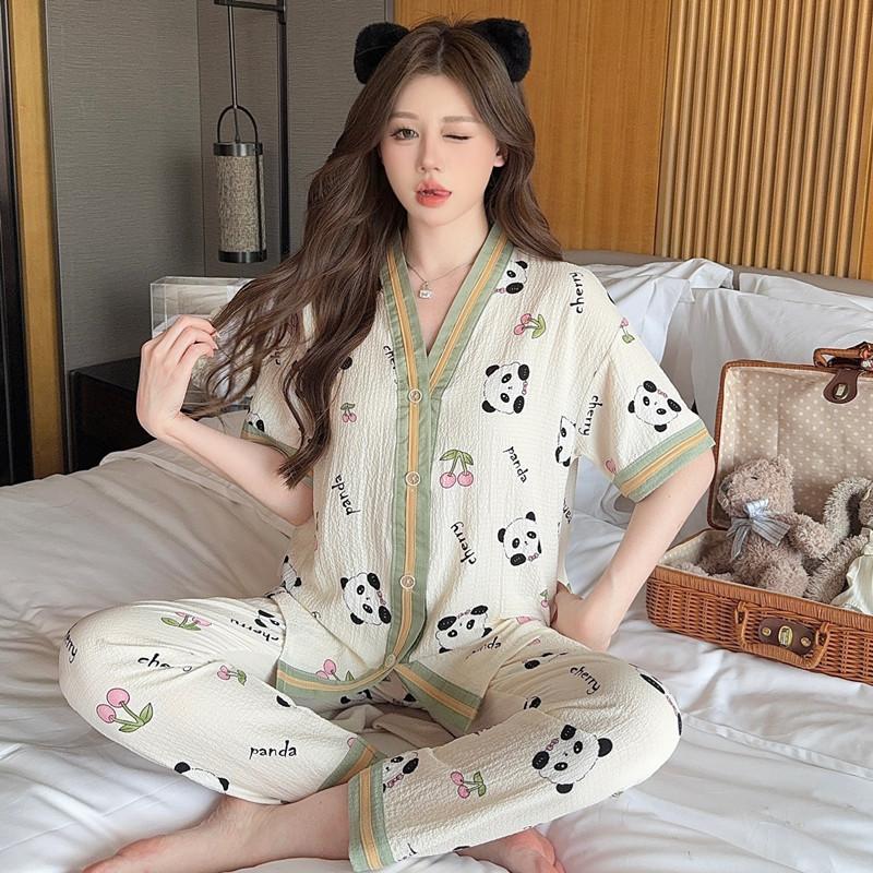 Summer Thin Bubble Cotton Yarn Cartoon Panda Soft V-neck Loose 55kg Short-sleeved Trousers Loungewear Pajamas Set Women