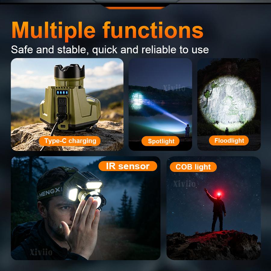 2026 New Powerful LED Headlamp IR Sensor Headlight USB Rechargeable COB Work Light For Camping Hiking Fishing
