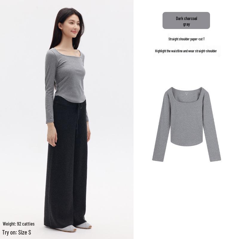 Spicy Girl Square Neck Slimming Long Sleeve T-shirt for Autumn/Winter