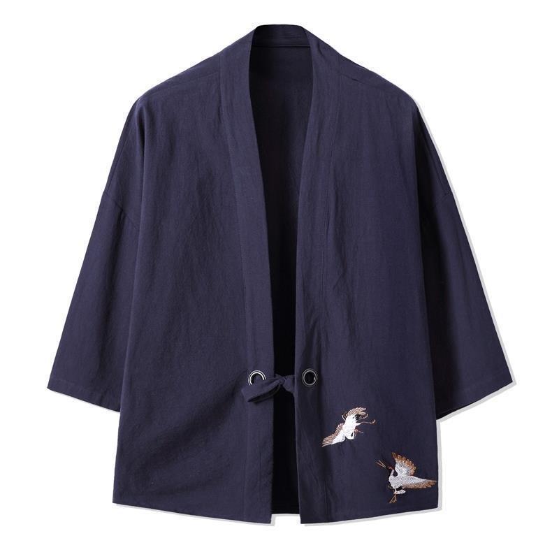 Herren Chinesischer Stil Dreiviertelarm Tang Anzug Kimono Leinen Strickjacke