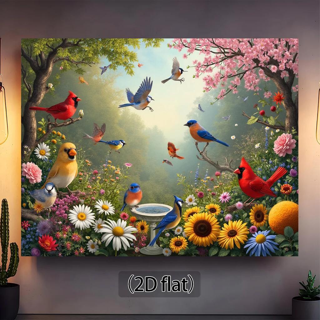 2D plane 1 piece - Spring Garden Birds and Flowers - Birds on the branches and blooming flowers