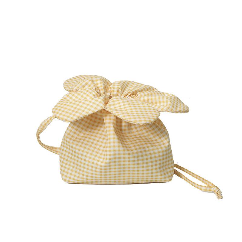 Korean Plaid Embroidered Flower Bag Women's 2025 New Casual Drawstring Canvas Bag Commuter Shoulder Crossbody Bucket Bag
